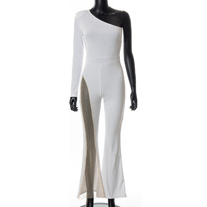 Mono de otoño para mujer con costuras de malla en los hombros de color liso