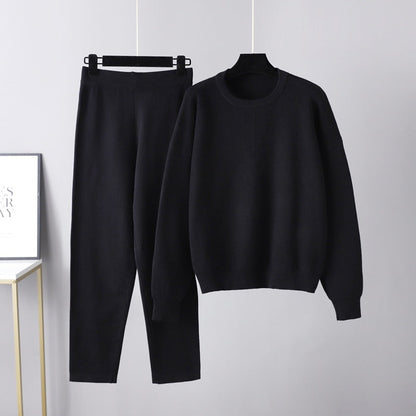 Conjunto de dos piezas de suéter holgado e informal para otoño e invierno, traje de punto de color liso para mujer