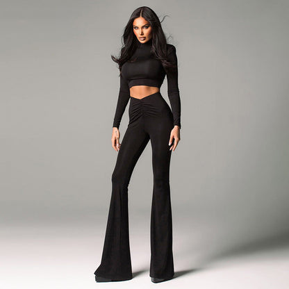 Conjunto de pantalones y blusa de cintura alta con hombros acolchados y manga larga para mujer