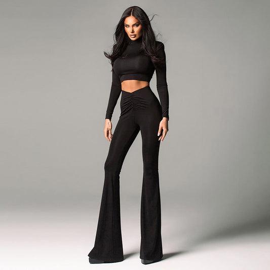 Women Clothing Summer Solid Color Padded Shoulder Long Sleeve Top High Waist Trousers Set