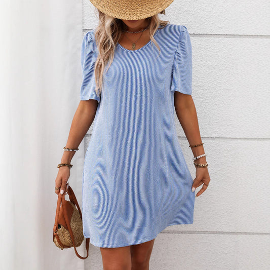 Summer Women Clothing Contrast Color Twist Strip Puff Sleeve Mid Length Dress