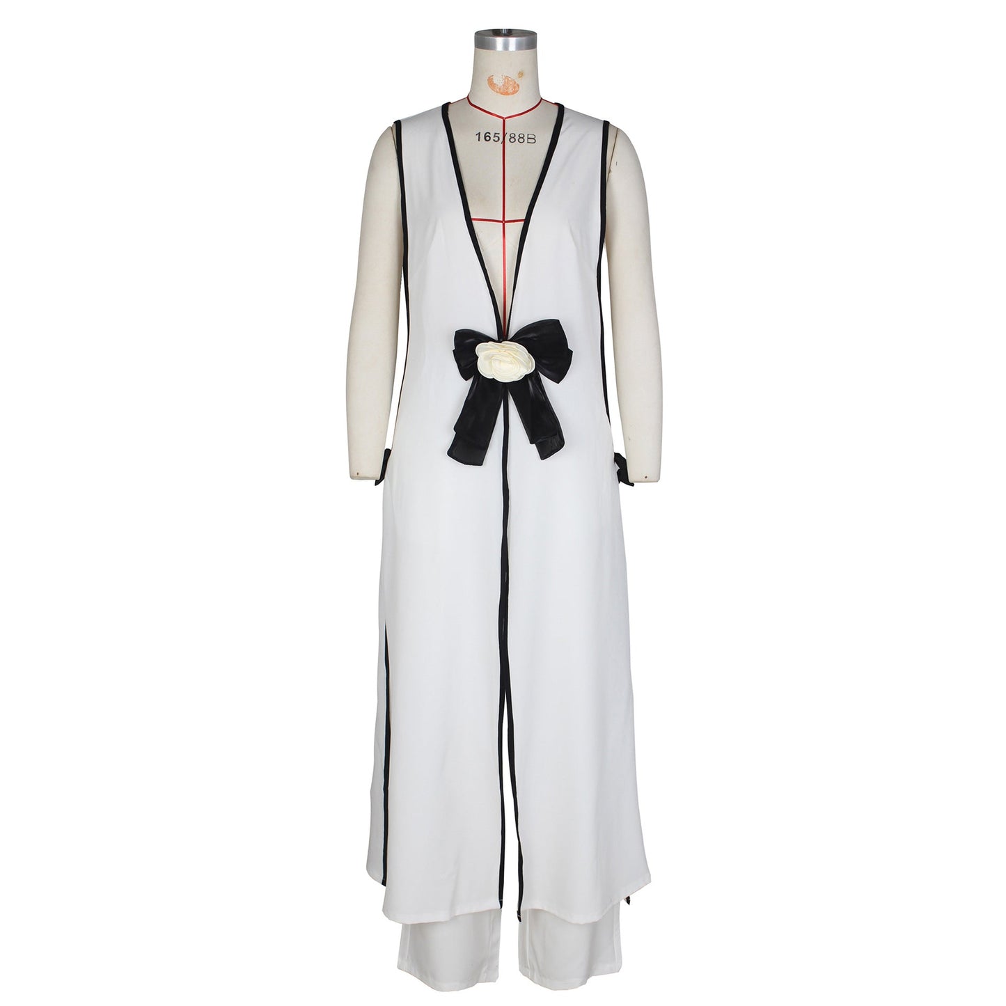 Conjunto de chaleco largo sin mangas con lazo de camelia sexy para mujer, pantalones de pierna ancha