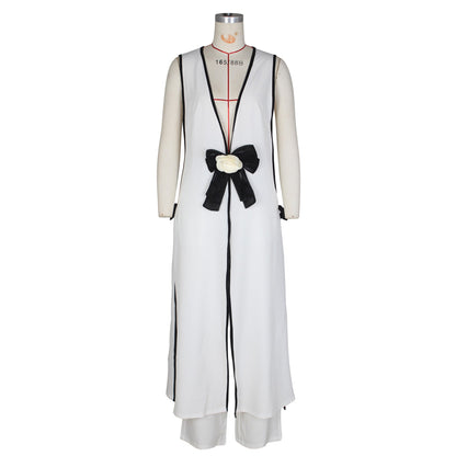 Conjunto de chaleco largo sin mangas con lazo de camelia sexy para mujer, pantalones de pierna ancha
