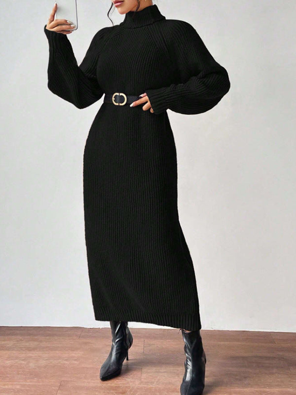 Ropa de mujer Jersey de lana Cuello alto Manga larga Vestido de punto Color sólido Vestido interior largo