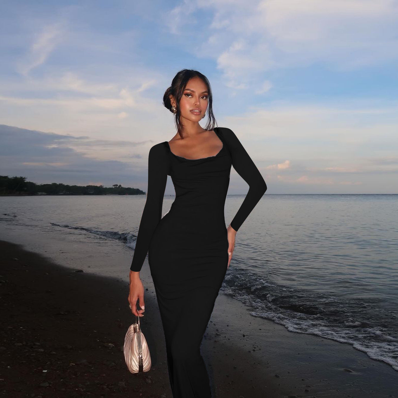 Vestido ajustado con lazo y espalda descubierta de manga larga sexy para vacaciones de otoño para mujer