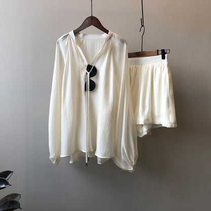 Camisa de manga larga de verano para mujer, pantalones cortos de pierna ancha