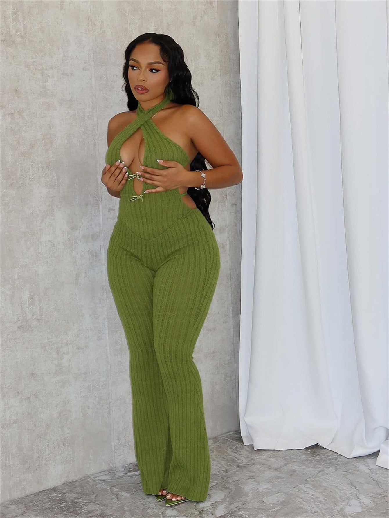 Mono de verano ajustado con cuello halter, encaje, espalda descubierta, sexy, pantalones acampanados, mono para mujer