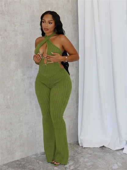 Mono de verano ajustado con cuello halter, encaje, espalda descubierta, sexy, pantalones acampanados, mono para mujer