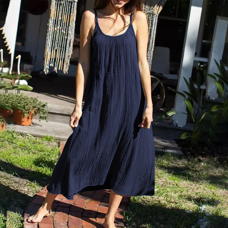 Vestido camisola informal de algodón para mujer, vestido largo de verano para vacaciones, suelto, de color liso, sin espalda, de gasa de doble capa, sin mangas