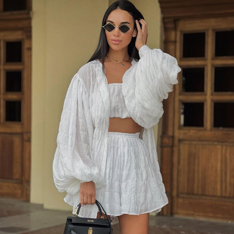 Conjunto de tres piezas formado por camiseta blanca de manga larga y pantalón corto, para mujer, verano, holgado, top de tubo y cintura alta