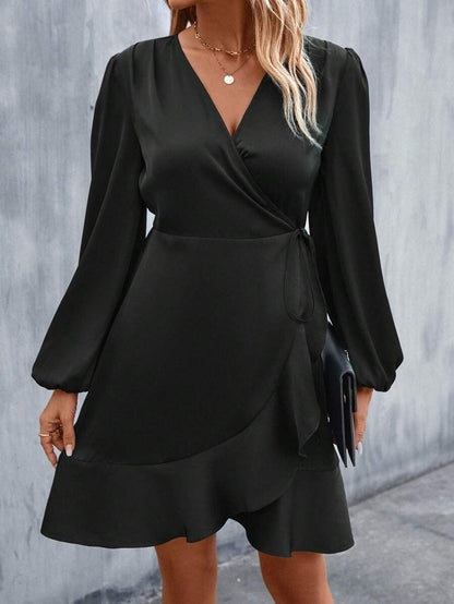 V neck Dress Satin Waist Tight Low Cut Casual Midi Dress Sweet Women Clothing