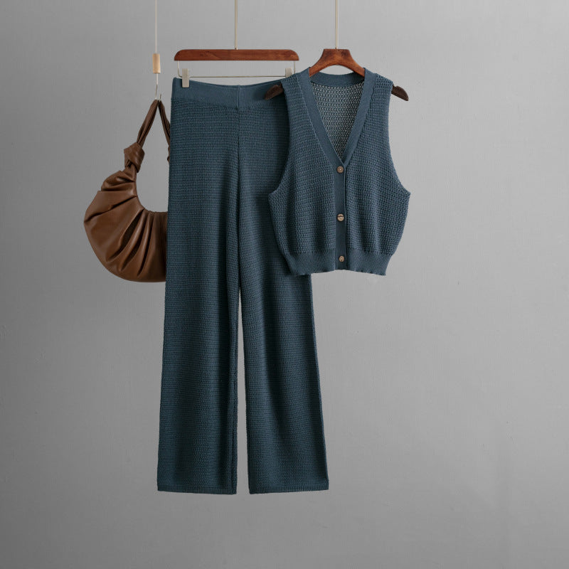 Fashionable Knitted Women Summer V neck Sleeveless Vest High Waist Straight Pants Two Piece Set