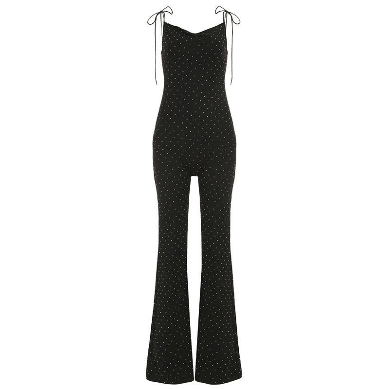 Pantalones siameses sexis con diamantes de imitación para mujer, elegantes, ajustados, con escote en V y pantalones acampanados, mono