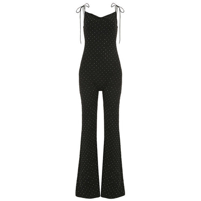 Pantalones siameses sexis con diamantes de imitación para mujer, elegantes, ajustados, con escote en V y pantalones acampanados, mono