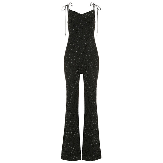 Pantalones siameses sexis con diamantes de imitación para mujer, elegantes, ajustados, con escote en V y pantalones acampanados, mono