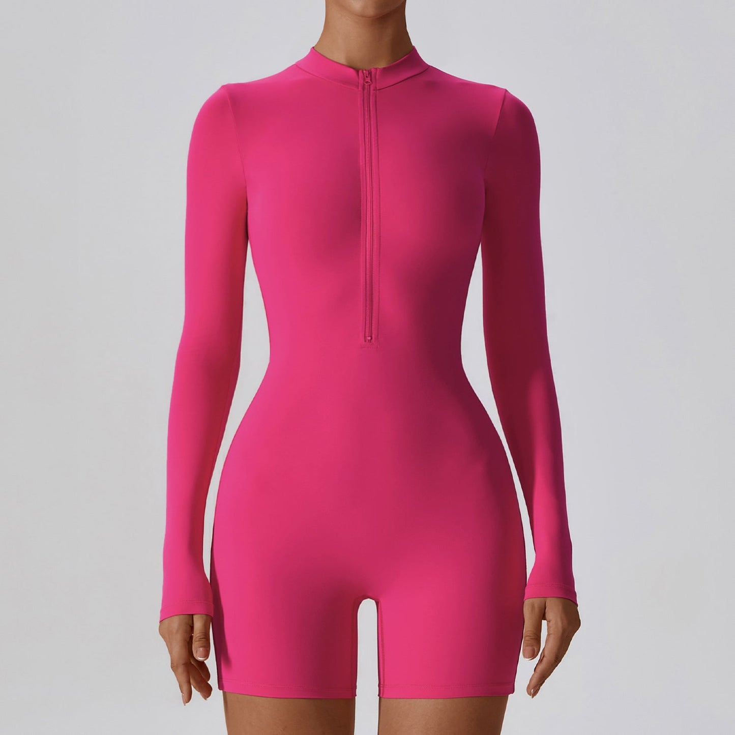 Mono deportivo de una pieza con cuello abierto, manga larga y cremallera, para baile, fitness, sexy y ajustado, para yoga y para mujer
