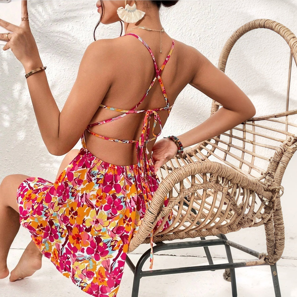 Vestido corto con cuello cuadrado y estampado floral para mujer, para vacaciones, primavera y verano