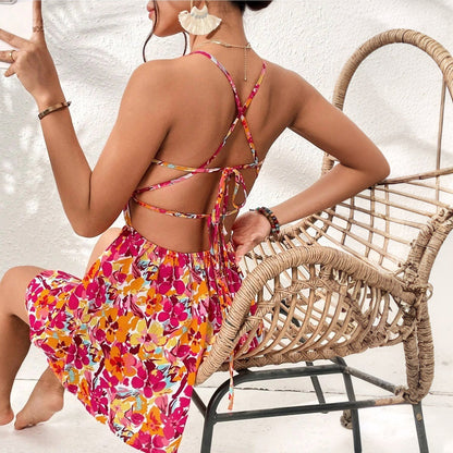 Vestido corto con cuello cuadrado y estampado floral para mujer, para vacaciones, primavera y verano