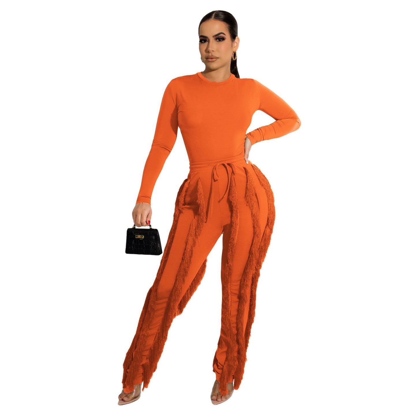 Conjunto de dos piezas formado por mono y pantalón de encaje con borlas para mujer, color liso, deportivo, para otoño e invierno