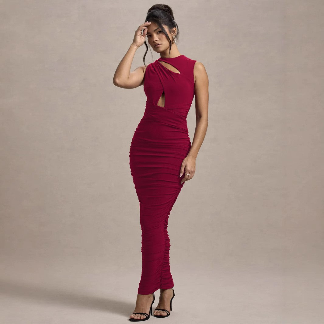 Vestido tubo elegante de cuello redondo sin mangas ajustado plisado para mujer Otoño Invierno