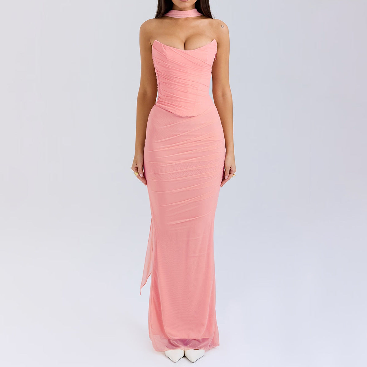 Vestido sexy con corsé deshuesado, top de tubo, falda ajustada, conjunto de falda larga, conjunto de otoño de dos piezas de alta calidad con bufanda