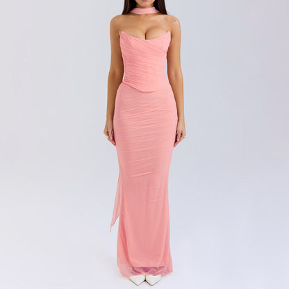 Vestido sexy con corsé deshuesado, top de tubo, falda ajustada, conjunto de falda larga, conjunto de otoño de dos piezas de alta calidad con bufanda