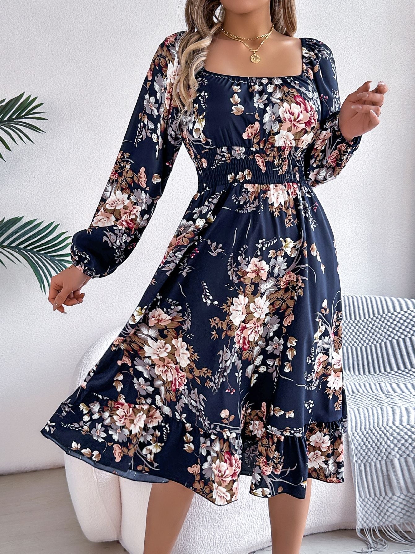 Spring Summer Elegant Floral Square Collar Long Sleeve Waist Trimming Ruffles A line Women Clothing