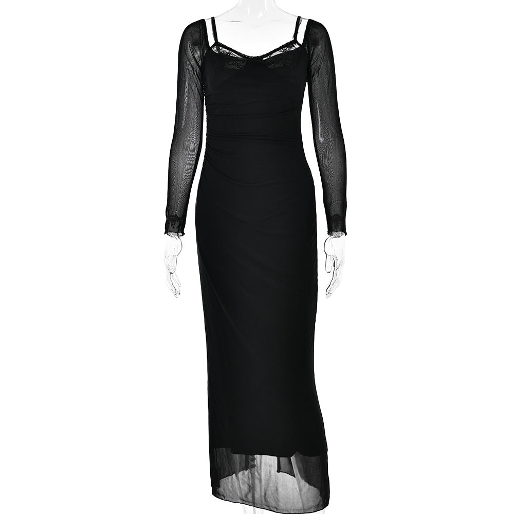 Vestido de otoño de manga larga con tirantes finos para mujer, vestido maxi ajustado con abertura y espalda descubierta sexy