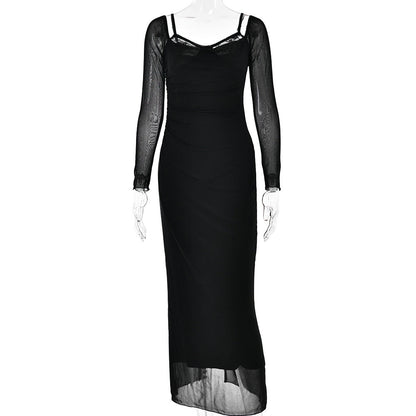 Vestido de otoño de manga larga con tirantes finos para mujer, vestido maxi ajustado con abertura y espalda descubierta sexy