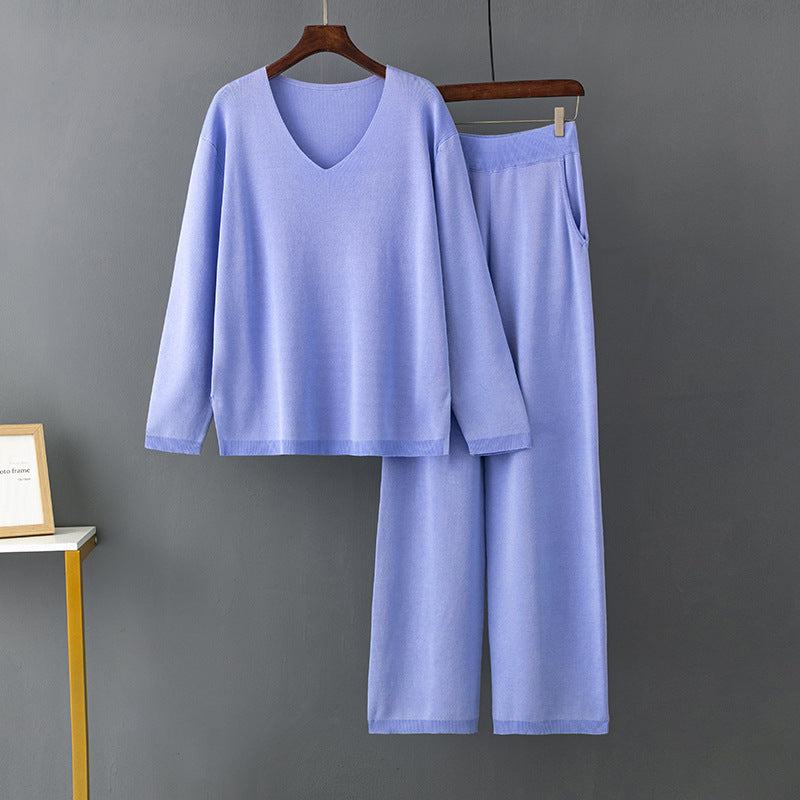 Traje de seda helada con cuello en V de color liso para primavera y otoño, suéter informal de dos piezas con cintura alta y holgado