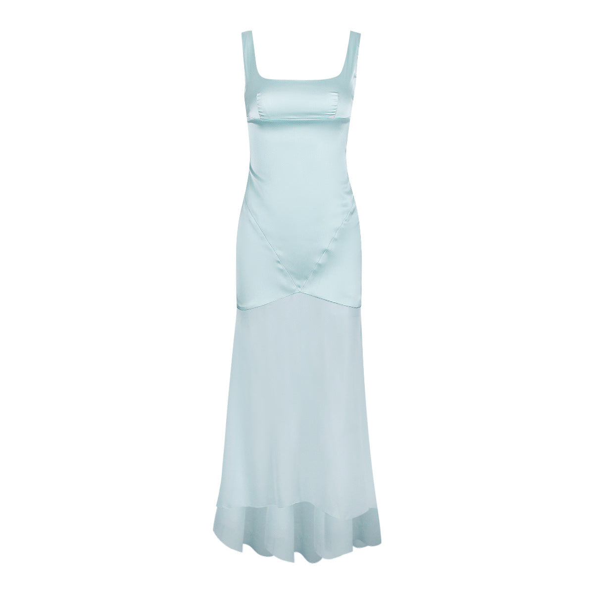Vestido de primavera para mujer, de satén de alta calidad, de gasa, con empalme de tirantes y superficie forjada, corte entallado y elegante.