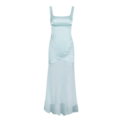 Vestido de primavera para mujer, de satén de alta calidad, de gasa, con empalme de tirantes y superficie forjada, corte entallado y elegante.