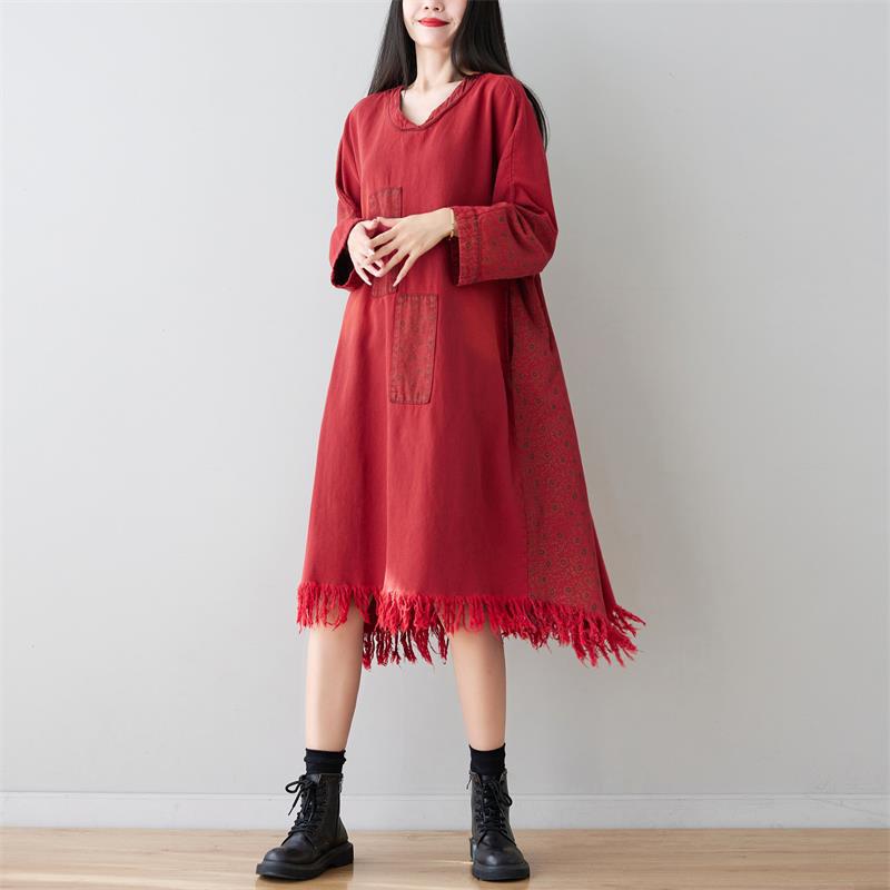 Suéter largo con borlas y cuello en V, parche de lunares lavados, vestido de manga larga adelgazante