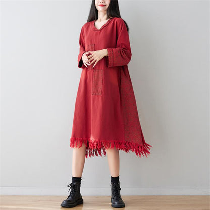 Suéter largo con borlas y cuello en V, parche de lunares lavados, vestido de manga larga adelgazante
