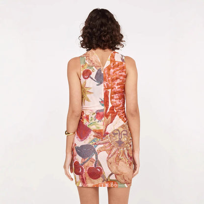 Vestido de primavera-verano con cuello halter y estampado de malla, elástico e informal para vacaciones.