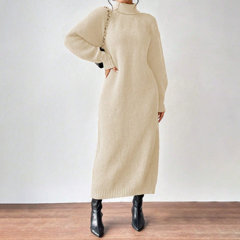 Ropa de mujer Jersey de lana Cuello alto Manga larga Vestido de punto Color sólido Vestido interior largo