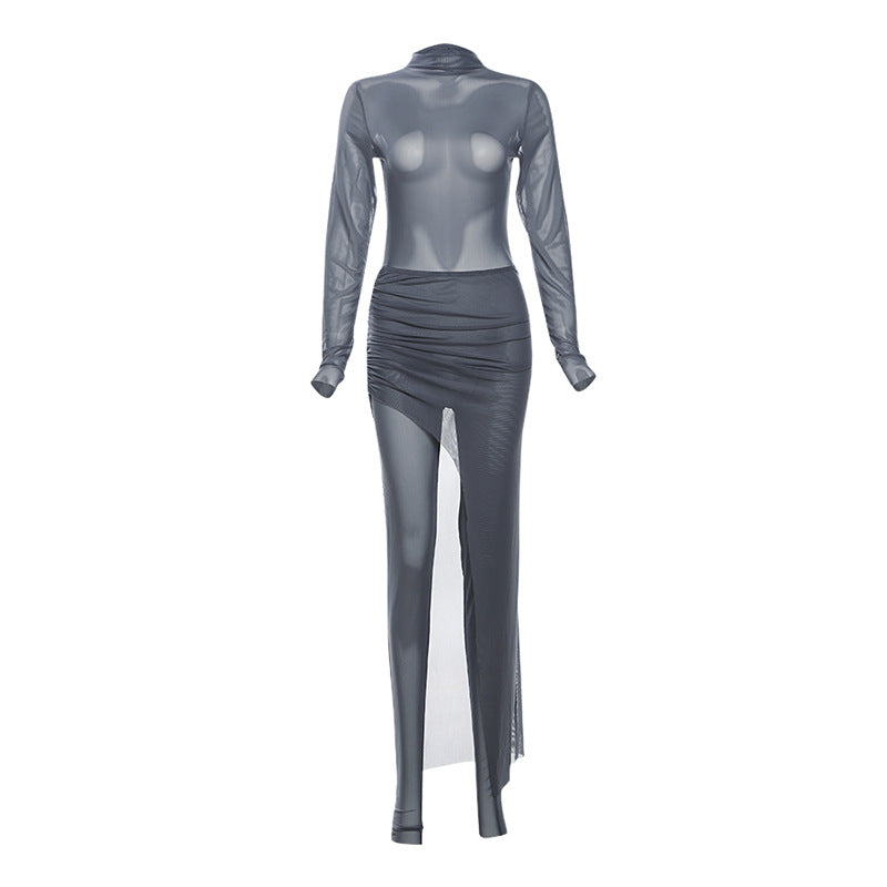 Conjunto de ropa de otoño para mujer, con cuello redondo, manga larga, ajustado, adelgazante, falda plisada de longitud media