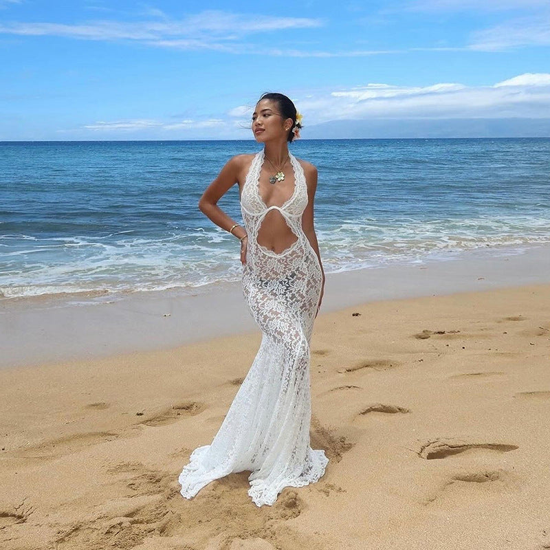 Vestido largo de verano elegante con encaje calado y escote halter para mujer, vestido sexy sin espalda de color liso