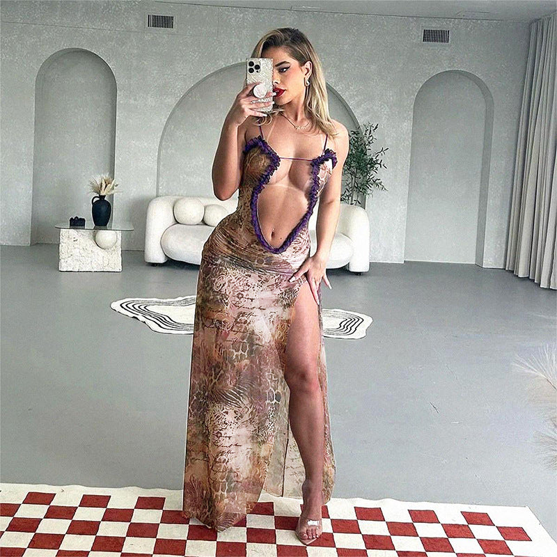 Vestido camisola de encaje plisado con aberturas para mujer
