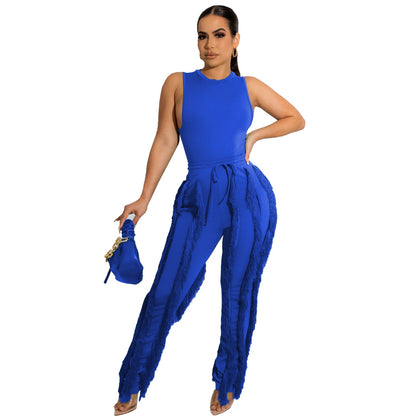 Conjunto de dos piezas para mujer, pantalón con borlas, sin mangas, informal, de encaje, sexy, para verano
