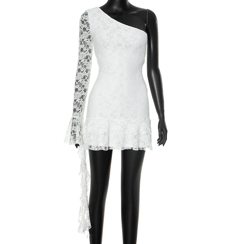Vestido corto de manga larga con volantes y hombros descubiertos para mujer, de otoño