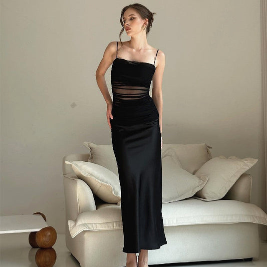 Women Summer Sexy Mesh Stitching Cami Dress Slim-Fit Long Pure Dress for Women