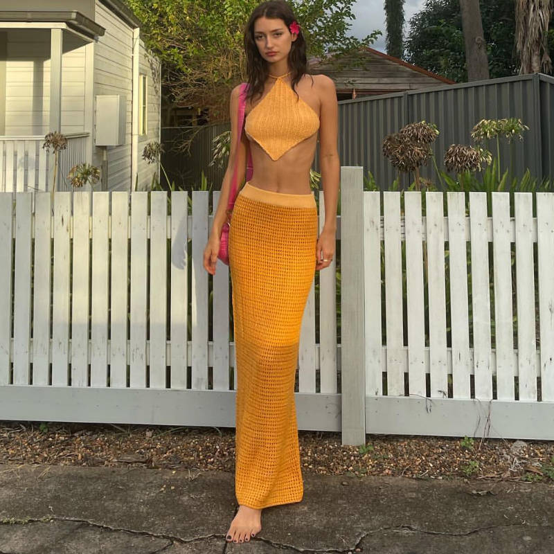 Delantal de punto con cuello halter y tirantes para playa, top corto sin espalda con cordones, vestido de media longitud para mujer