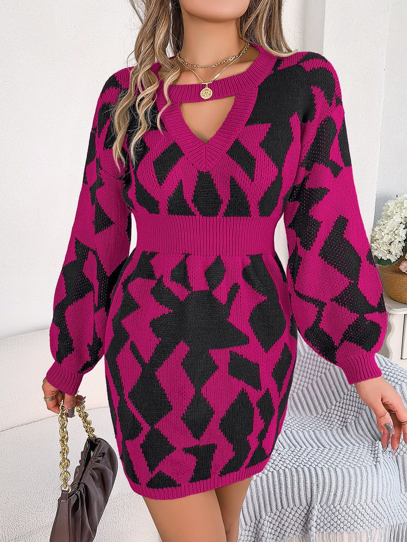 Vestido tipo suéter ajustado con mangas abullonadas y corte a juego de colores para otoño e invierno, ropa informal para mujer