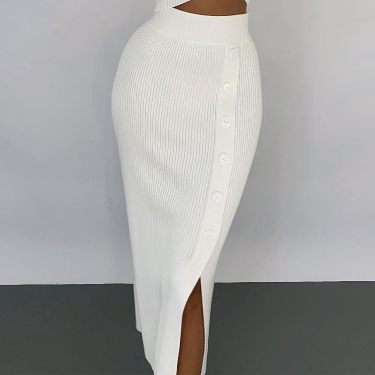 Conjunto de suéter elástico alto con falda de lana con abertura en V profundo y escote pronunciado para mujer Otoño Invierno