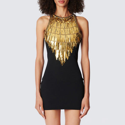 Vestido negro sexy ajustado sin mangas, ligero, de lujo, de industria pesada, con cuentas, vestido de mujer a la moda
