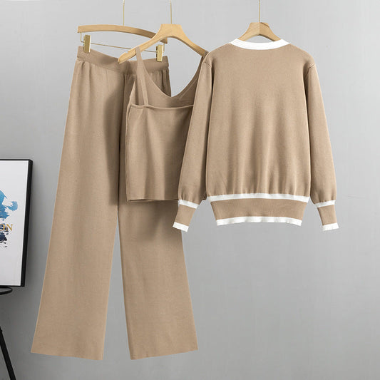 Traje de mujer de primavera y otoño, cárdigan de punto con tirantes y pantalones anchos, traje de tres piezas