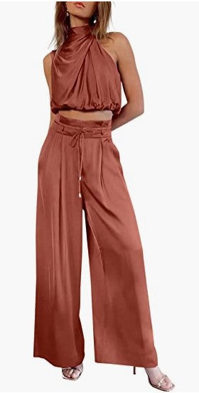 Conjunto de dos piezas informal sin mangas con cuello para mujer, pantalones de pierna ancha, top corto de verano