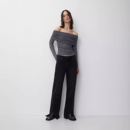 Camiseta sexy de manga larga sin tirantes, color sólido, elegante, sexy, ajustada, top corto