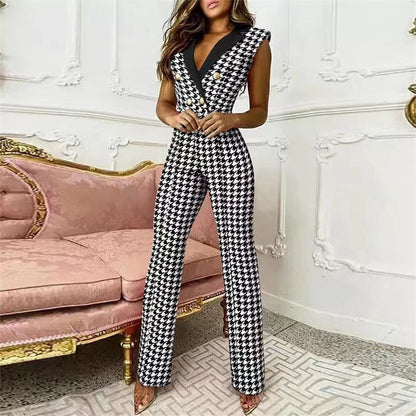Mono de pata de gallo sin mangas con cuello en V y botones a juego para mujer, ropa de negocios para primavera y verano